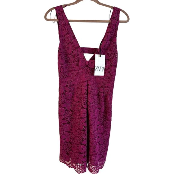 Zara Womens Mini Dress Pinafore Bow S Fuchsia Pink Floral Lace 3373/490 NWT - Picture 1 of 6